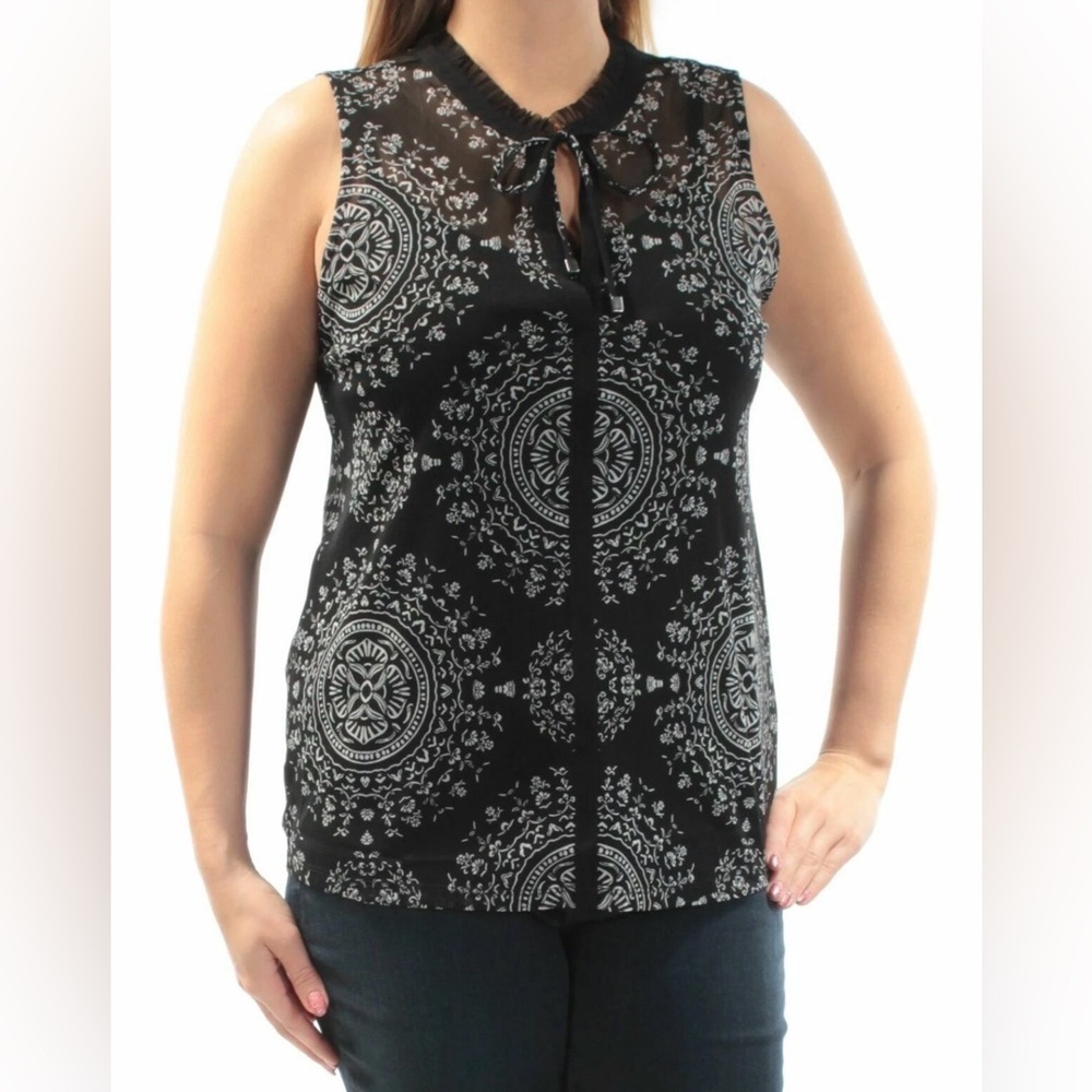 INC Black Sleeveless Medallion Print Tie-Front Camisole PL